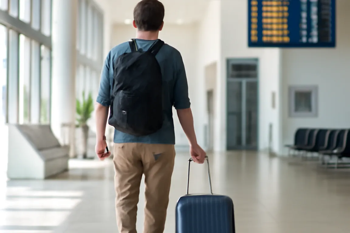 Voyageur a l'aeroport avec sa valise avant un depart en Croatie