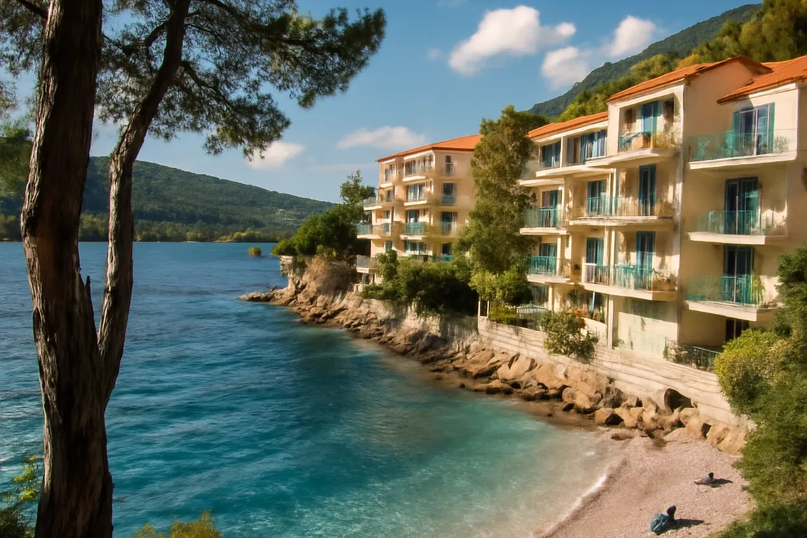 Plage de Lapad avec immeubles d'appartements en location face à l'Adriatique