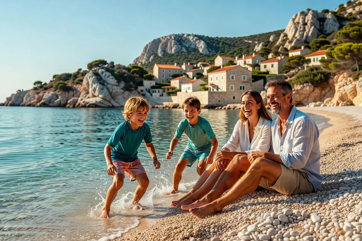 Famille avec enfants sur une plage de galets croate, eau turquoise