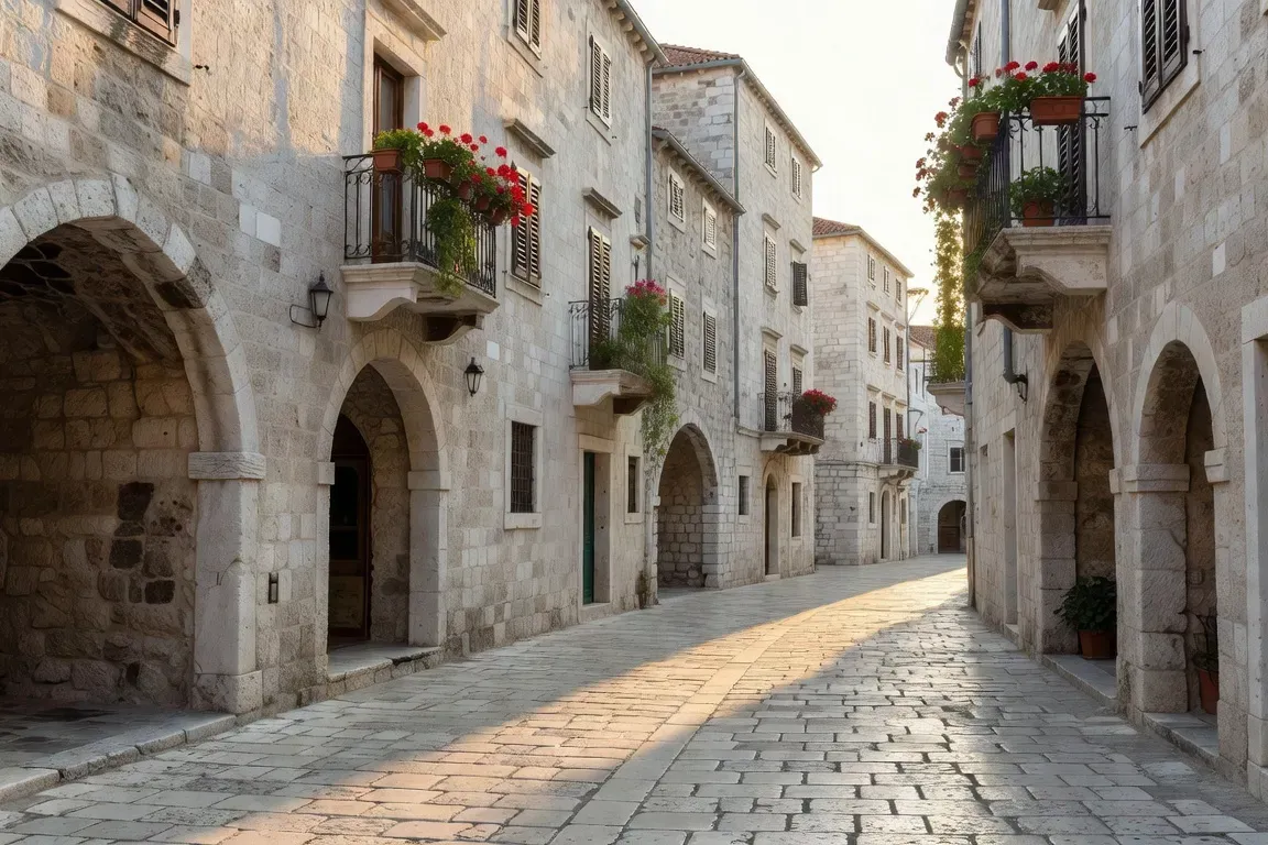 Ruelle pittoresque de la vieille ville de Zadar, pierres blanches et lumière matinale