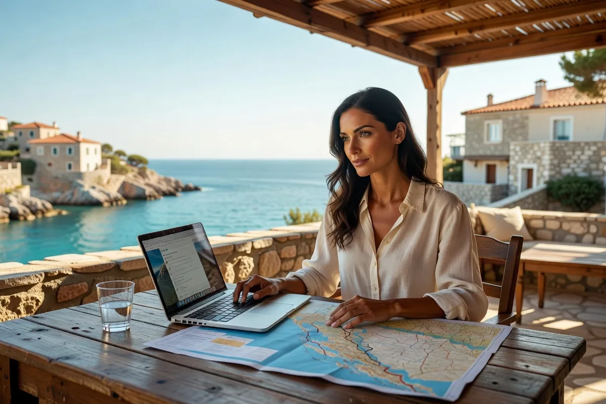 Voyageuse comparant une annonce de location sur son ordinateur portable avec une carte de la côte dalmate