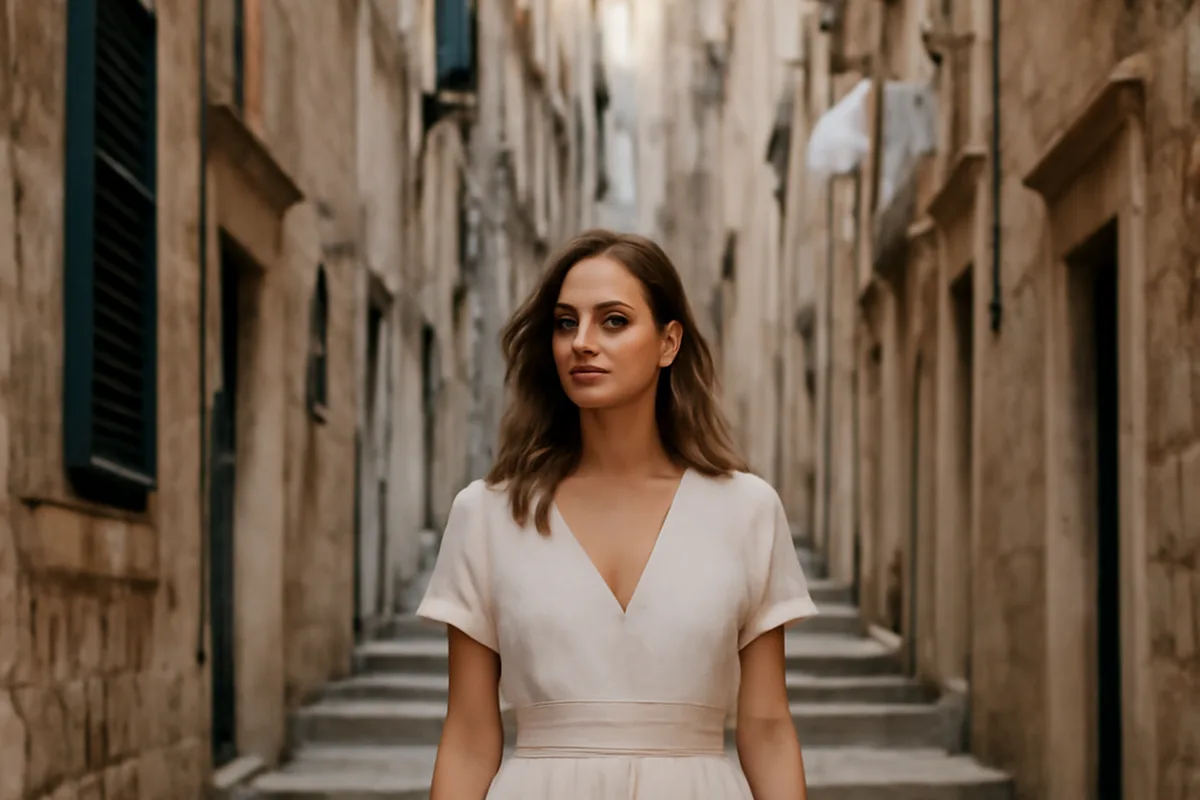 Voyageuse en robe légère descendant une ruelle déserte de la vieille ville de Dubrovnik tôt le matin