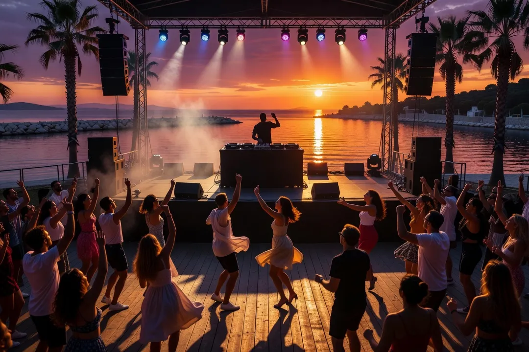 Scène de musique électronique et public réuni pendant un festival estival en Croatie