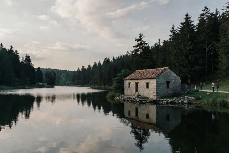 Lac de Lokve entouré de forêts de sapins sombres dans le Gorski kotar, maison en pierre au bord de l'eau sous un ciel nuageux