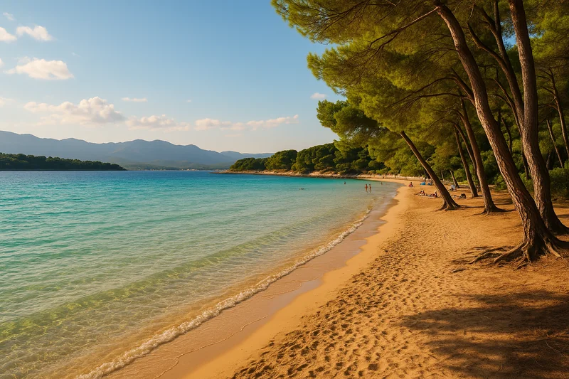 Baie paisible de Lumbarda avec ses plages de sable et les vignes de Grk en arrière-plan sur l'île de Korčula