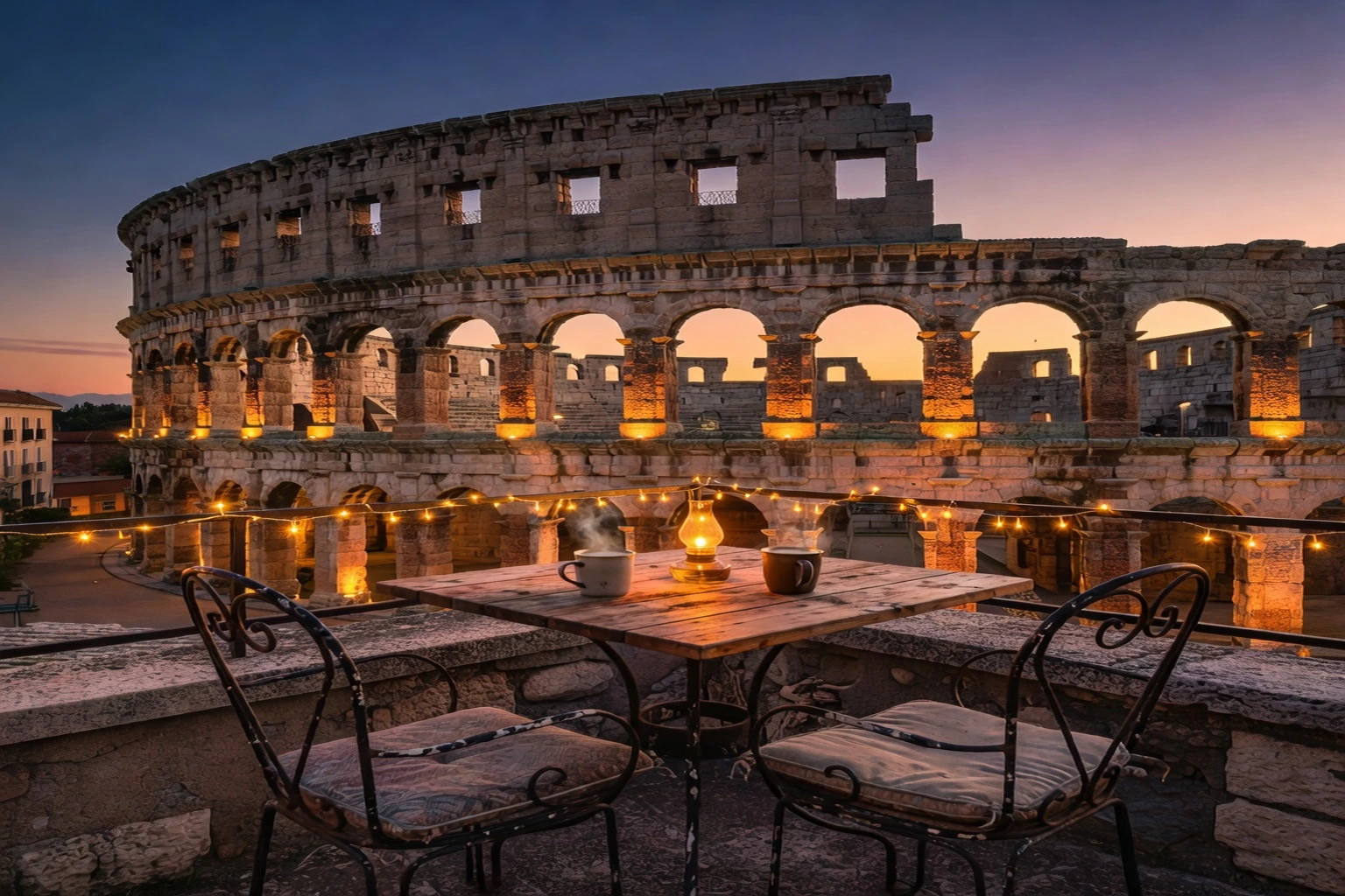 Terrasse d'appartement avec vue sur l'amphithéâtre romain de Pula au crépuscule