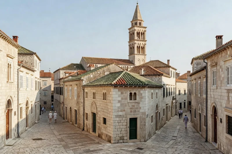 Ruelles pavées de la vieille ville de Trogir avec le clocher de la cathédrale Saint-Laurent et des façades romanes en pierre claire