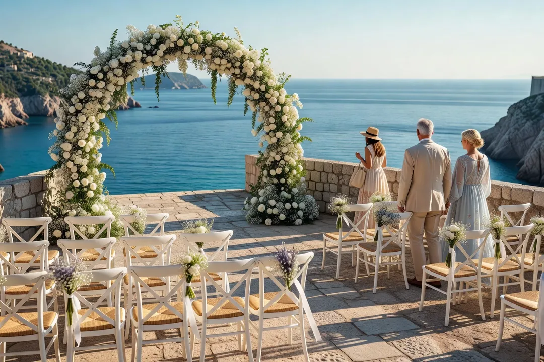 Table de mariage dressée face à la mer Adriatique près de Dubrovnik