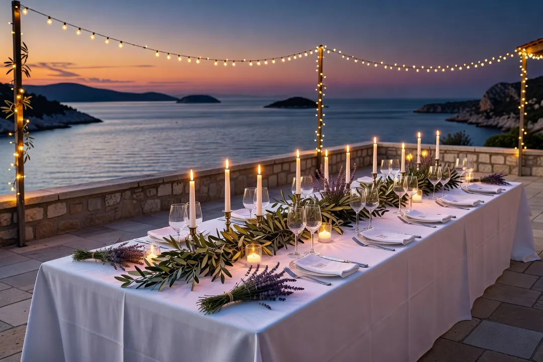 Table dressée pour une réception de mariage en Croatie face à la mer Adriatique