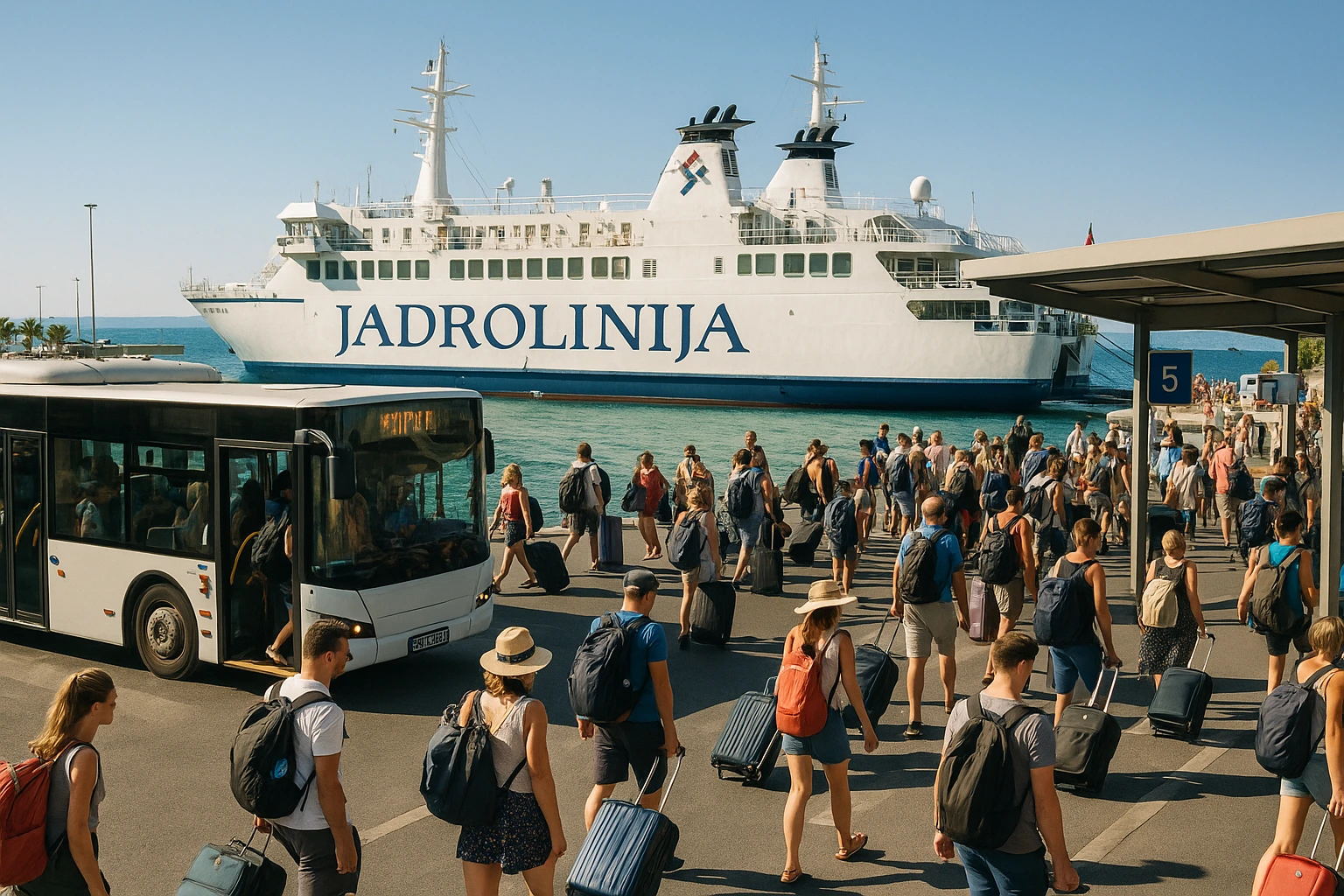 Gare routière et port de Split avec bus et ferrys en arrière-plan