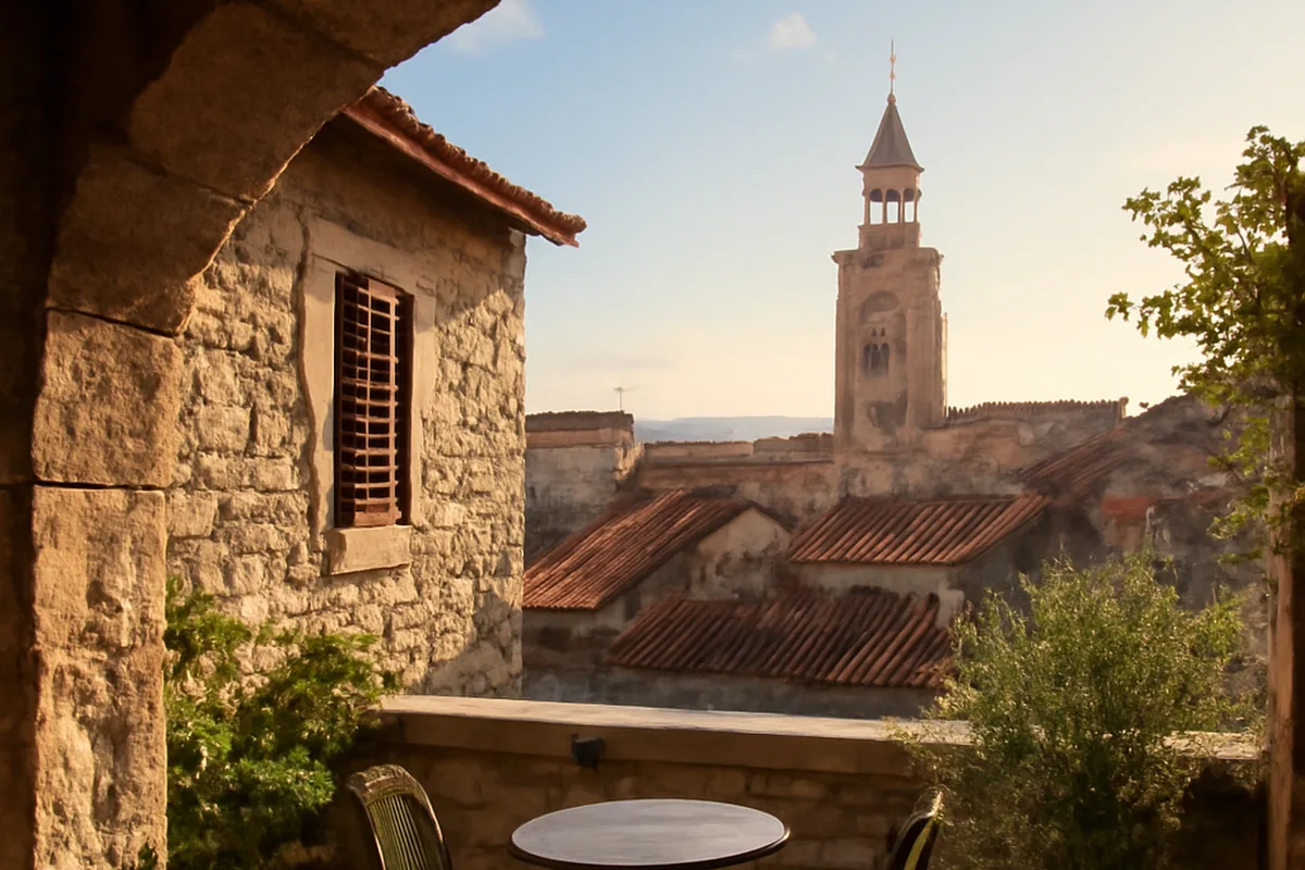 Terrasse ombragée dans le quartier de Veli Varoš à Split, vue sur les toits du centre ancien