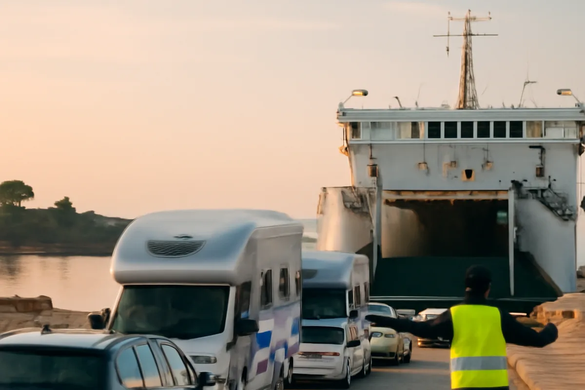 File de véhicules attendant l'embarquement sur un quai de ferry croate en début de matinée