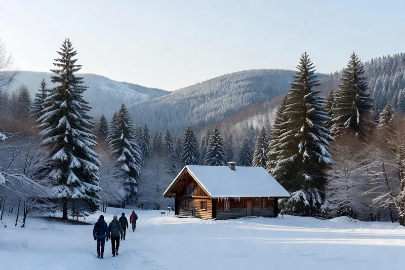 Chalet en bois avec toit enneigé dans une clairière forestière du Gorski kotar en hiver, sapins couverts de neige et montagnes en arrière-plan