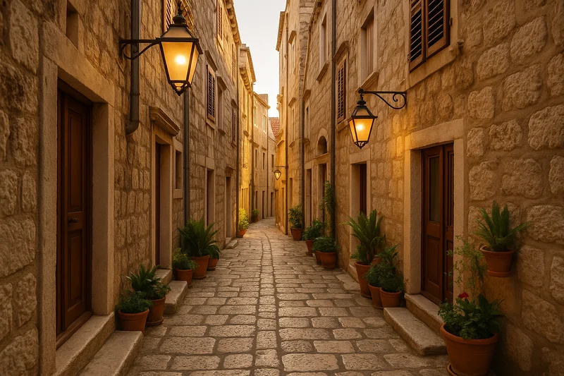 Ruelles pavées et maisons en pierre blonde de la vieille ville de Korčula en Dalmatie