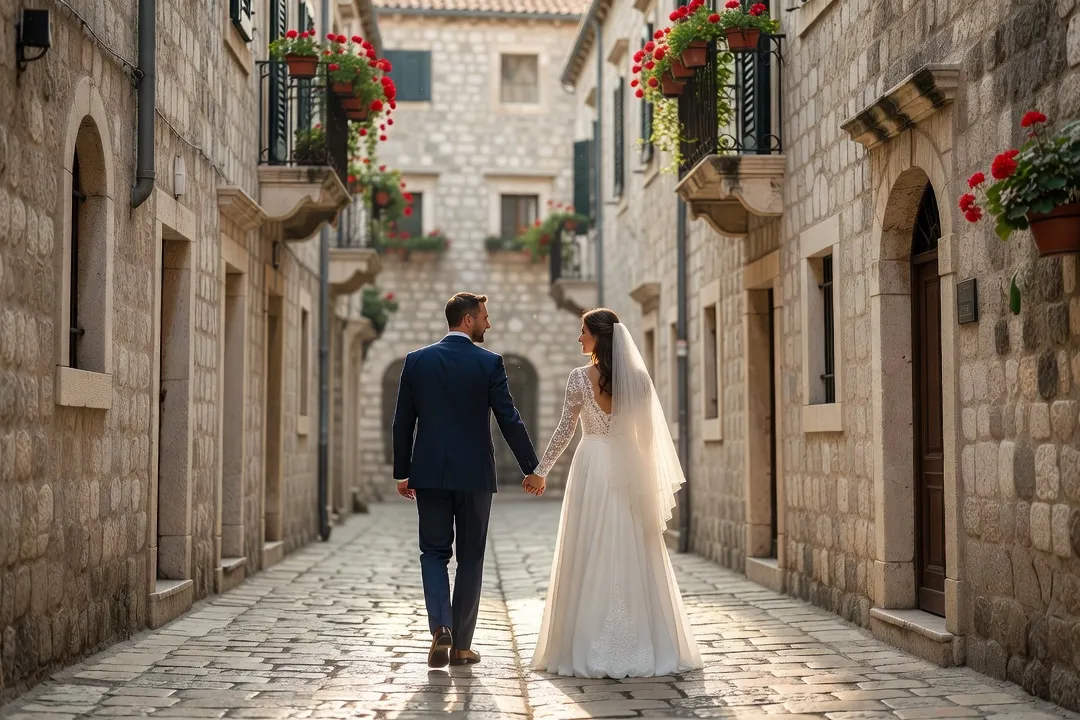 Couple en lune de miel sur une plage rocheuse de Croatie au bord de l'Adriatique