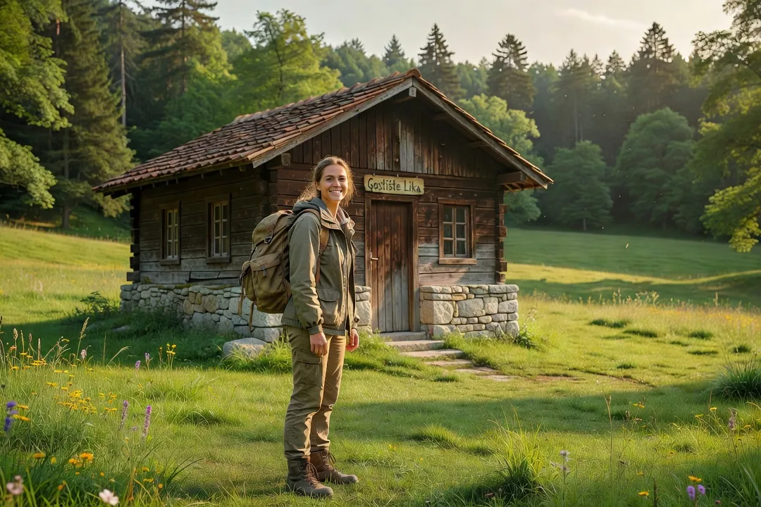 Jeune femme adulte avec sac à dos qui sourit devant une petite maison d'hôtes en bois et pierre dans un village de Lika, prairie verte et forêt derrière