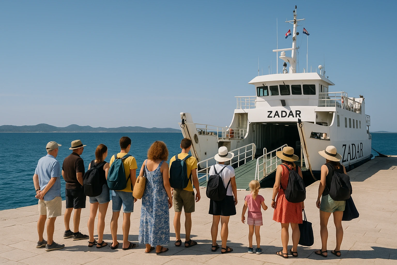 Passagers attendant l'embarquement sur un ferry de Jadrolinija dans le port de Zadar