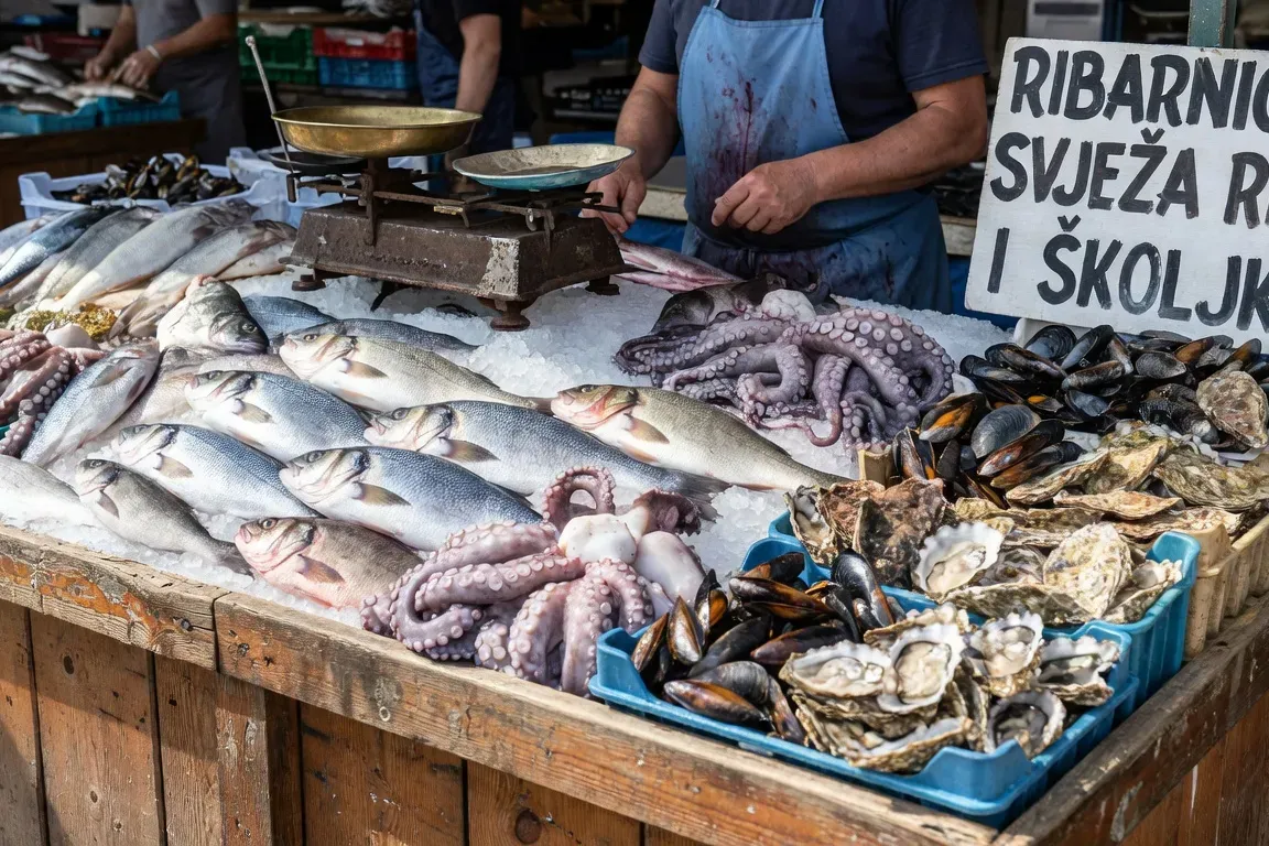 Étal de marché aux poissons en Croatie avec poissons frais et coquillages