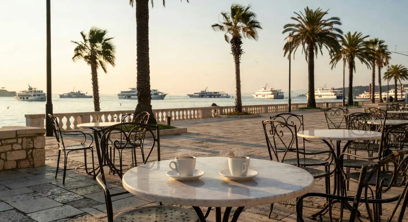 Cafe en terrasse a Split avec ambiance dalmate et conversation animee