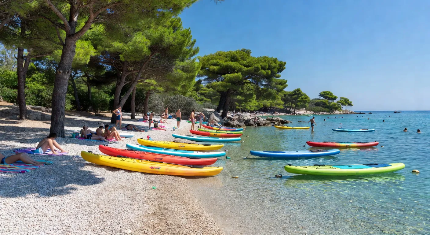 Plage croate avec kayaks et activités nautiques