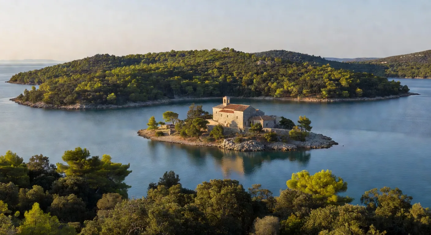 Le monastère bénédictin sur l'îlot de Sainte-Marie au milieu du grand lac salé de Mljet
