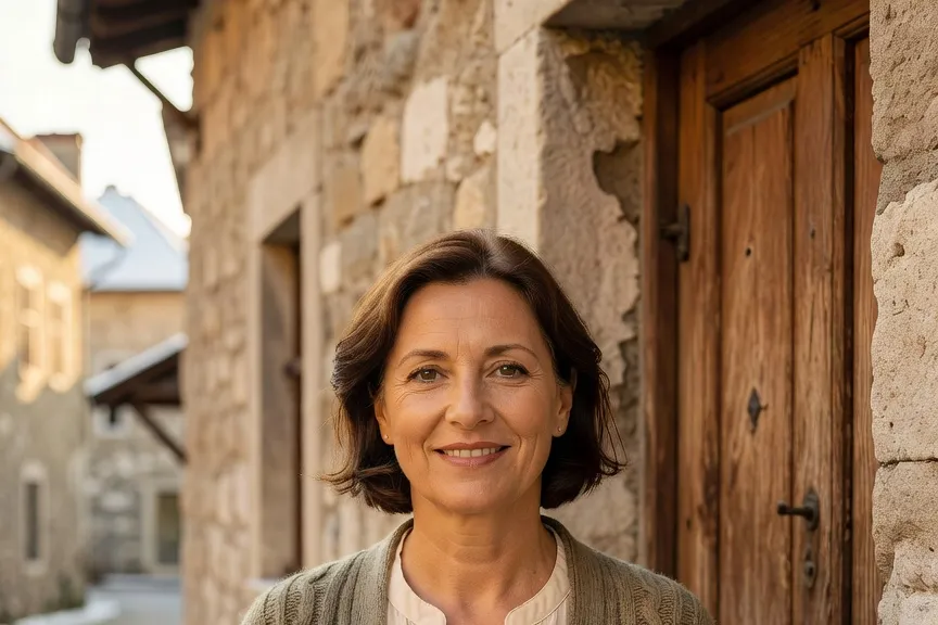 Ana Kovač, gérante d'une maison d'hôtes, devant sa maison de la ville haute de Zagreb
