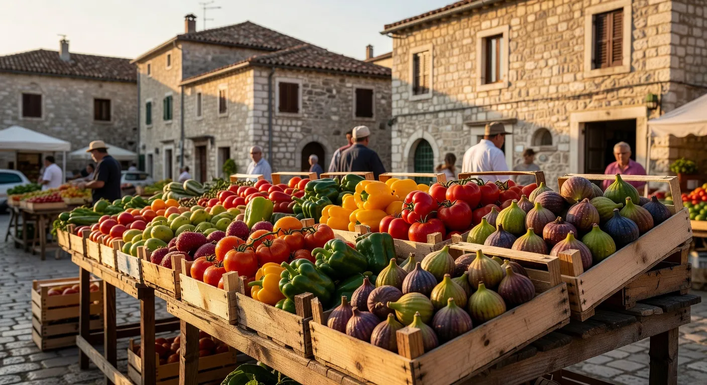 Marche local croate avec etals colores et touristes en sejour de location