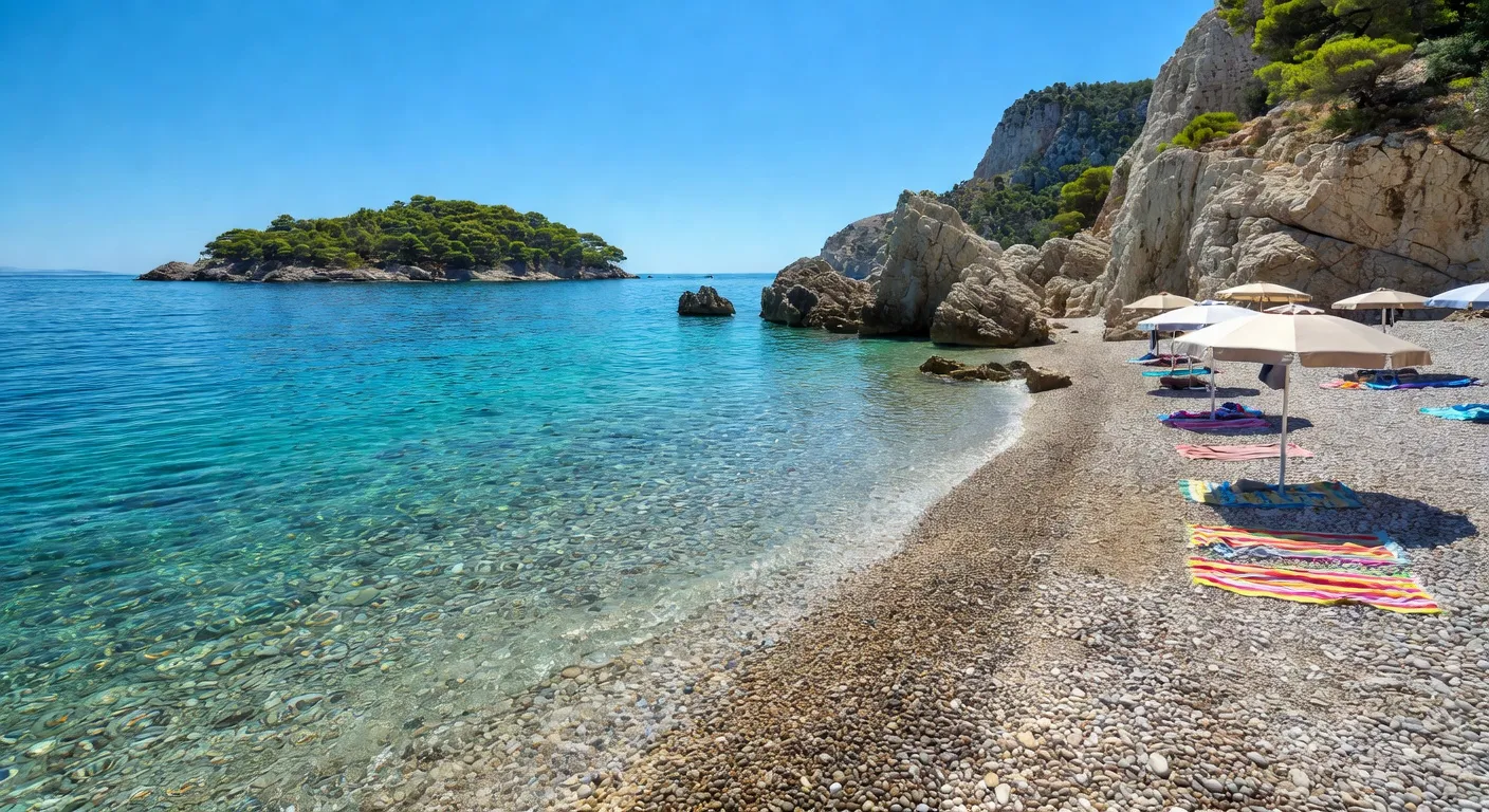 Plage de galets dalmate avec eaux turquoise vers une ile en arriere-plan