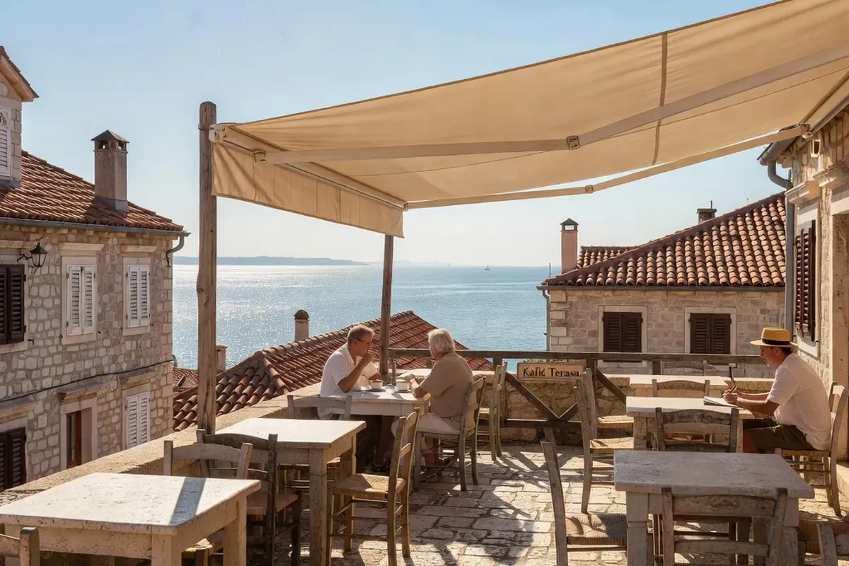 Terrasse d'appartement avec vue sur la baie de Šibenik au matin