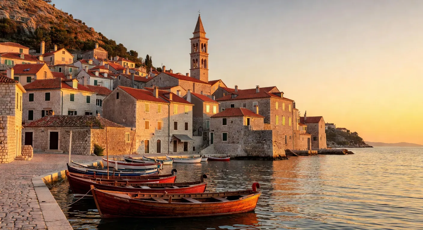 Vieille ville istrienne aux toits orange avec port et bateaux