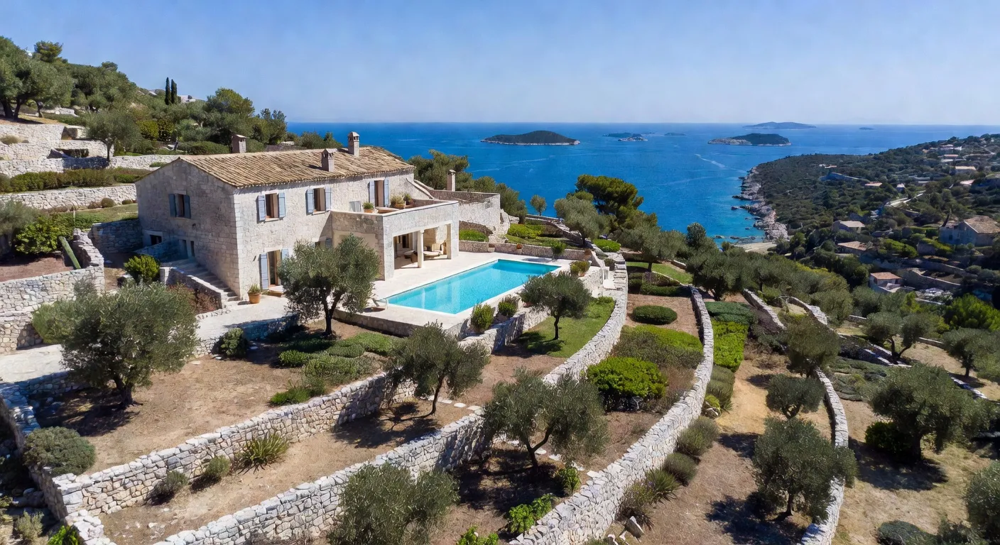 Vue aerienne d'une villa croate avec piscine surplombant la cote dalmate