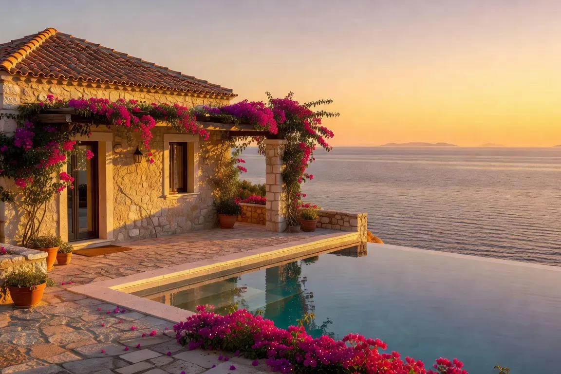 Villa croate avec piscine en bord de mer au coucher du soleil