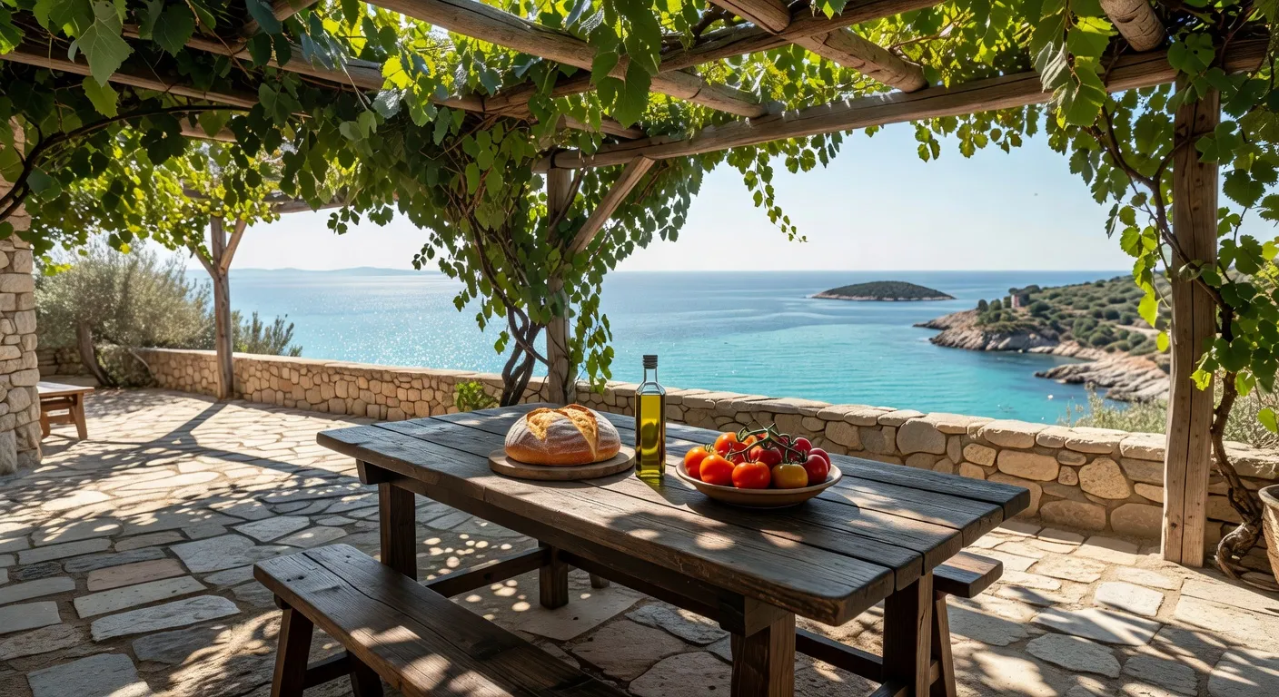Terrasse de villa dalmate avec table dressee et vue sur la cote adriatique