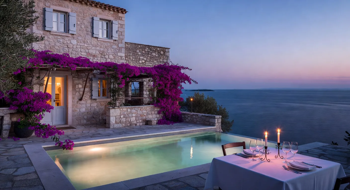 Villa dalmate avec piscine et vue mer en debut de soiree